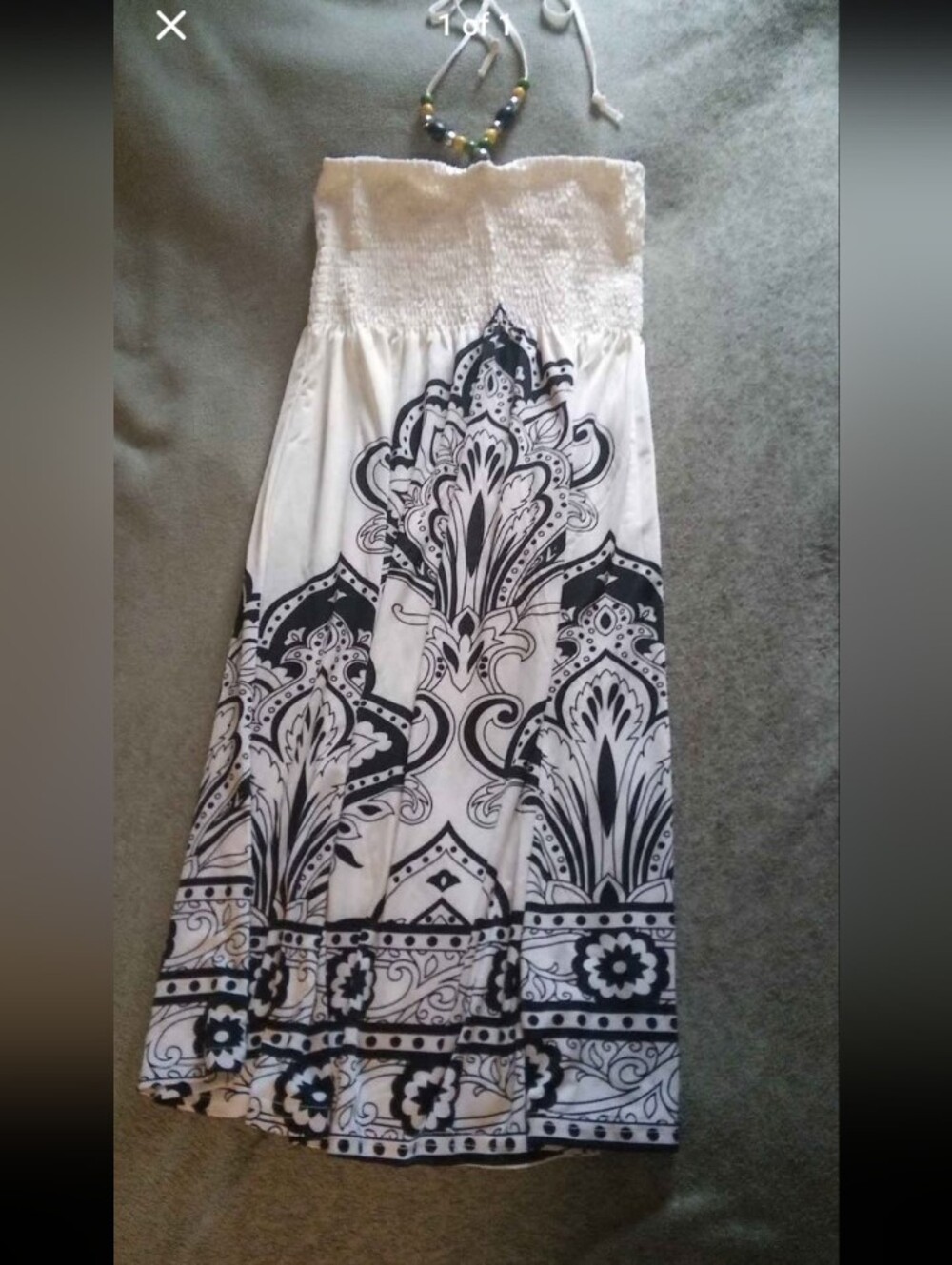 Strapless Black & White Paisley Dress